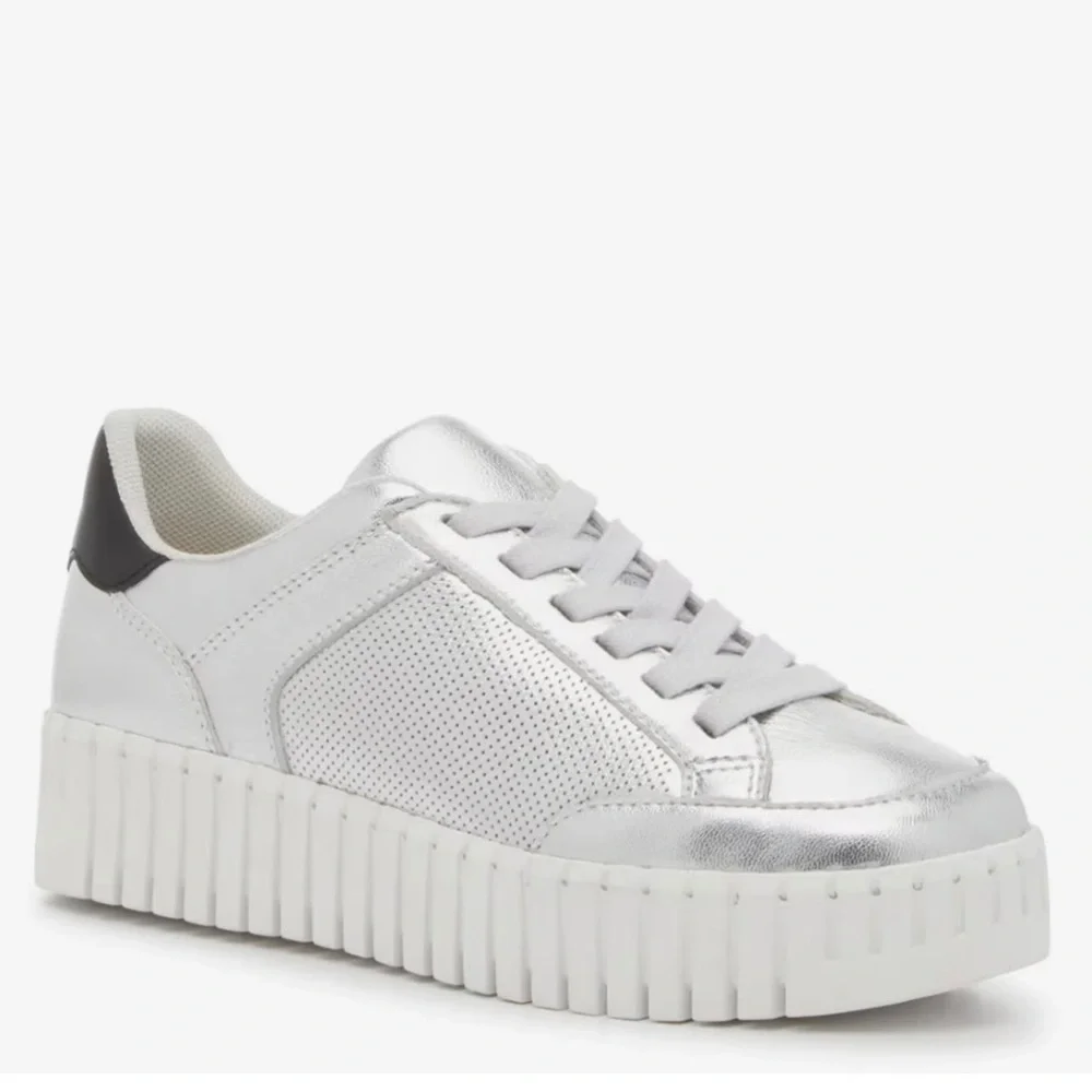 Silent D Oscar Platform Sneaker Metallic Silver Leather Upper Sz 41